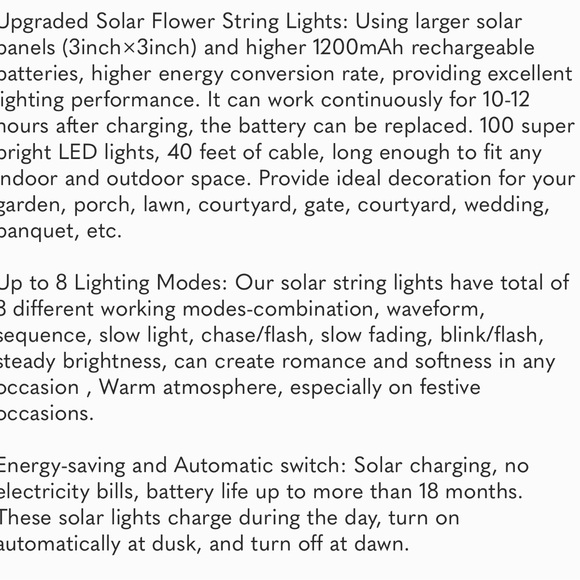 Solar String Flower Lights Outdoor 100 LED 40Ft Multi-Color Fairy Lights - Picture 8 of 8